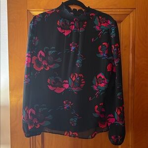 J. Crew Factory Black Floral Mock-Neck Blouse with Pink &  Teal Accent; Small